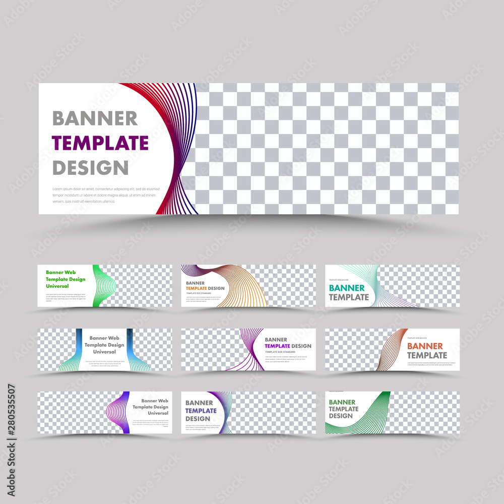 Poster Big set of vector horizontal white web banners with wavy abstract color lines and photo labels.
