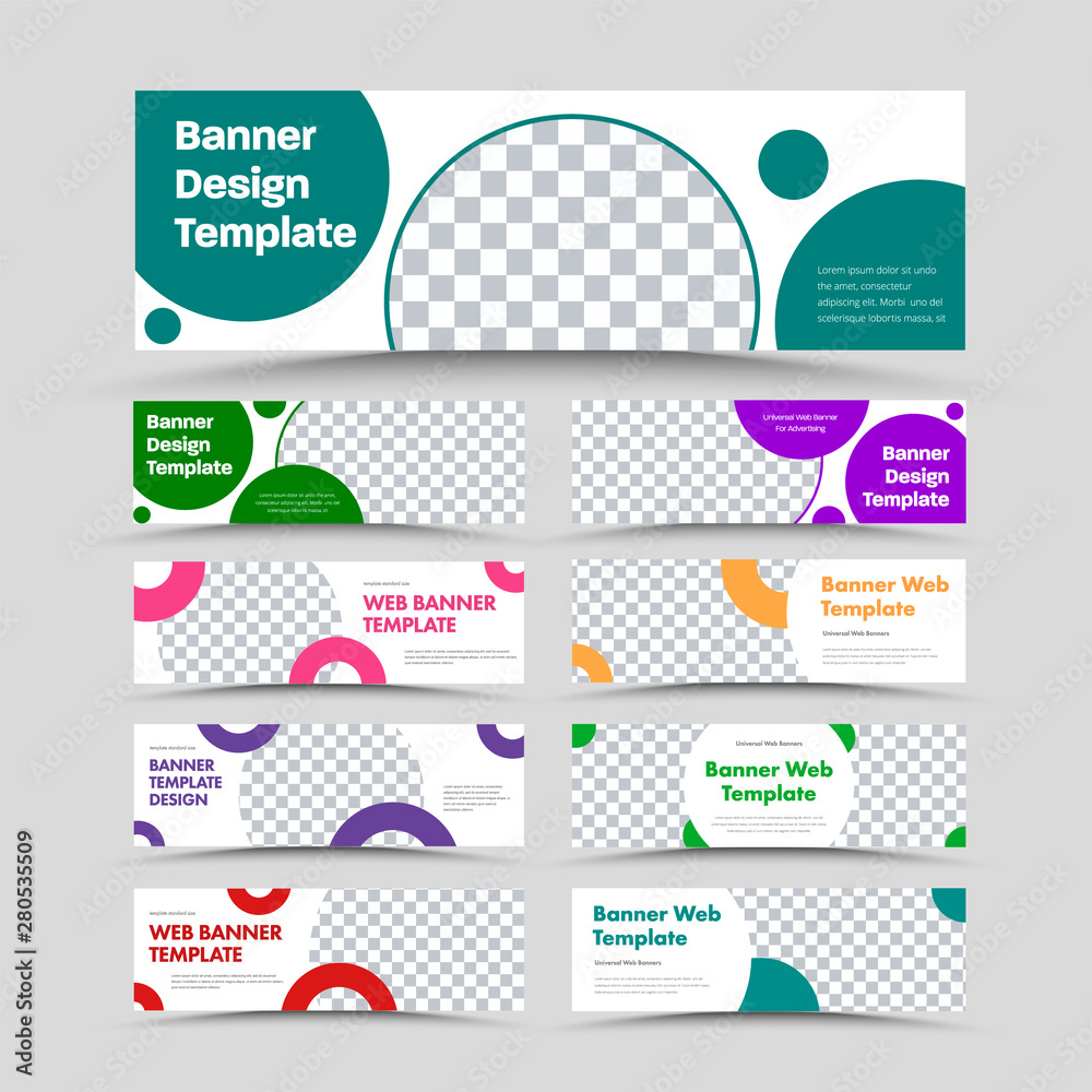 Poster Big set of vector horizontal white web banners with circular multi-colored design elements and a place for a photo.