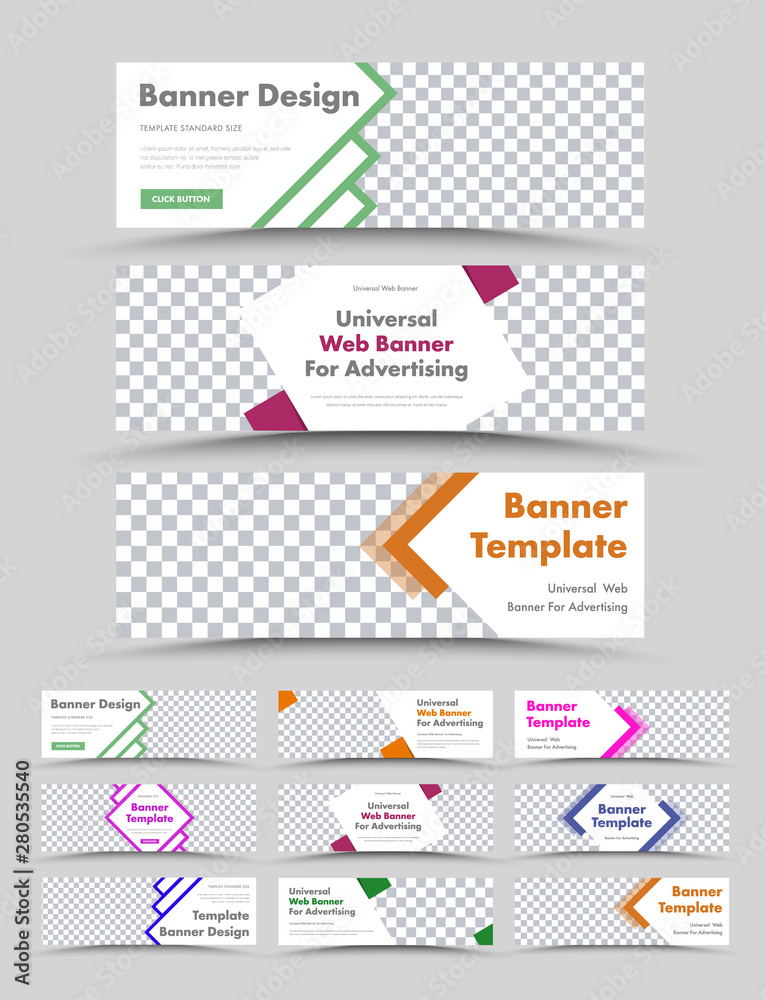Poster Big set of templates of horizontal white web banners with a place for a photo and color design elements in the form of arrows.