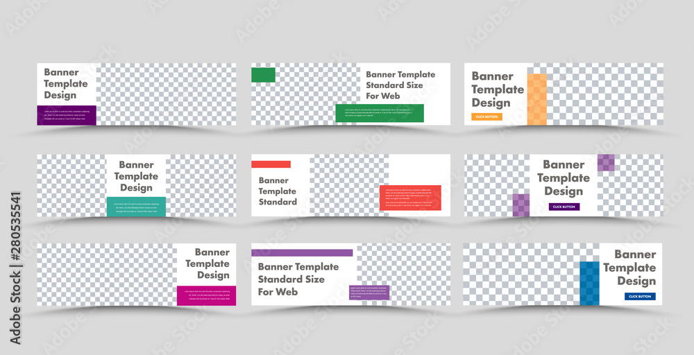 Poster Set of vector white horizontal web banners with place for photo and rectangular color design elements.