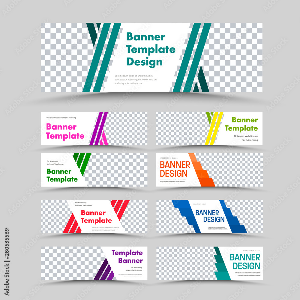 Poster Set of vector white horizontal web banners with place for photo and color diagonal lines and squares.