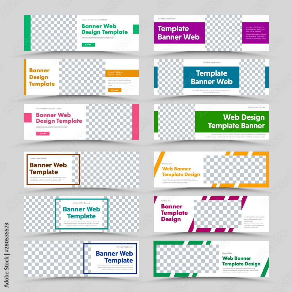 Poster Vector white horizontal web banners templates with color frames and rectangular elements and space for photos.