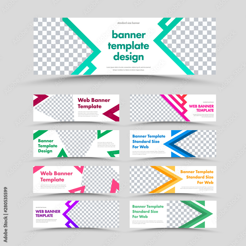 Poster large set of vector white horizontal web banners with arrows, triangles and place for photo.