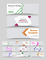 Big set of templates of horizontal white web banners with a place for a photo and color design elements in the form of arrows.