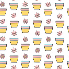 Cute seamless pattern designe. Pink tropical flower in a pot. Gardening. Hand draw illustration on white background. Summer time. Spring is coming.