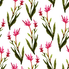 seamless pattern of flowers painted watercolor. Colorful flowers, twigs and leaves. Print for fabric, wallpaper and textiles
