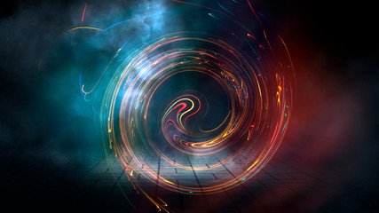 Dark night street scene, abstract neon light in the dark, reflected on a wet surface. Fireball,...