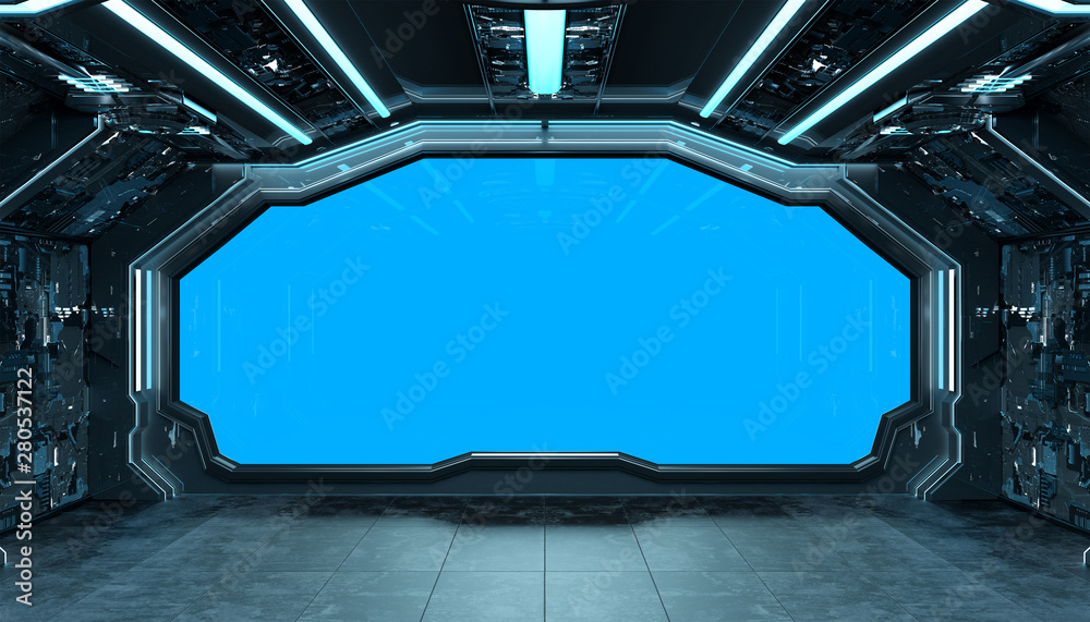 Canvas Prints dark blue spaceship futuristic interior mockup with window 3d rendering