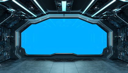 Dark blue spaceship futuristic interior mockup with window 3d rendering © sdecoret