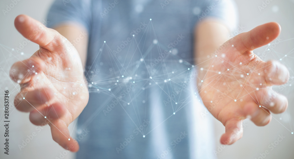 Leinwandbilder Businessman using floating digital network connections with dots and lines 3D rendering