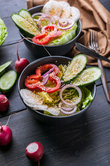 Close-up vegetable salad with radishes, cucumbers, onions, sweet peppers and sesame oil. Vertical shot. Healthy food.