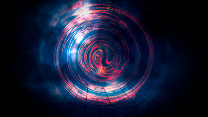 Dark night street scene, abstract neon light in the dark, reflected on a wet surface. Fireball, neon circle, abstract light tunnel.