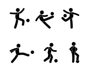 soccer player icon set, pictogram man with ball, stick figure human silhouette