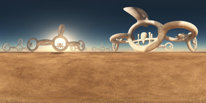 360 Grad Panorama mit Skulpturen in einer Wüstenlandschaft