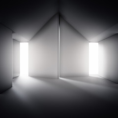 Abstract interior design of modern showroom with empty gray concrete floor and white wall background. Dark hall or stage 3d illustration.