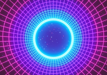 Retro abstract Sci-Fi Background. glowing neon round tunnel. 3d rendering