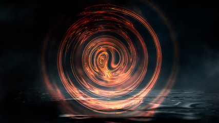 Dark night street scene, abstract neon light in the dark, reflected on a wet surface. Fireball, neon circle, abstract light tunnel.