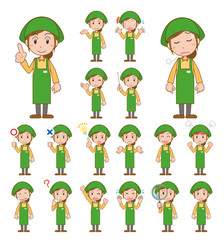 エプロン　会計　レジ　パート　女性　ポーズ　セット　主線あり