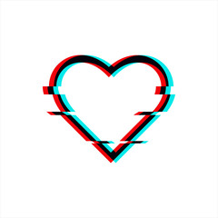 Vector glitched symbol of heart in glitch style. Icon of love isolated on white background. Modern digital pixel distorted design. Television video error shape. For print, wallpaper, web, logo
