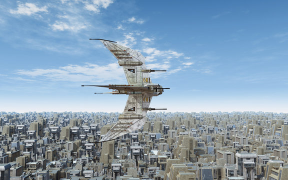 Raumfahrzeug über einer futuristischen Stadt