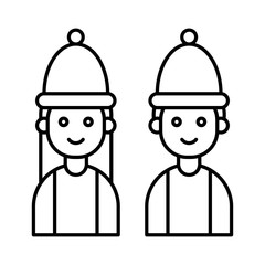 cute couple face  portrait Christmas editable outline icon.