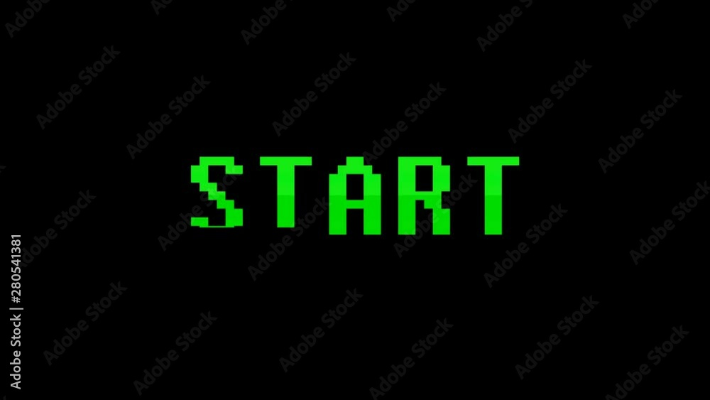 Poster text appearing on a retro vintage computer screen: start. with a digital glitch effect. dynamic anim