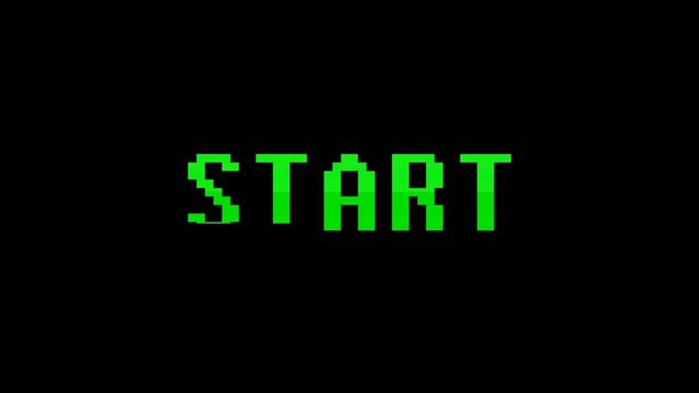 Text appearing on a retro vintage computer screen: START. With a digital glitch effect. Dynamic animated background.