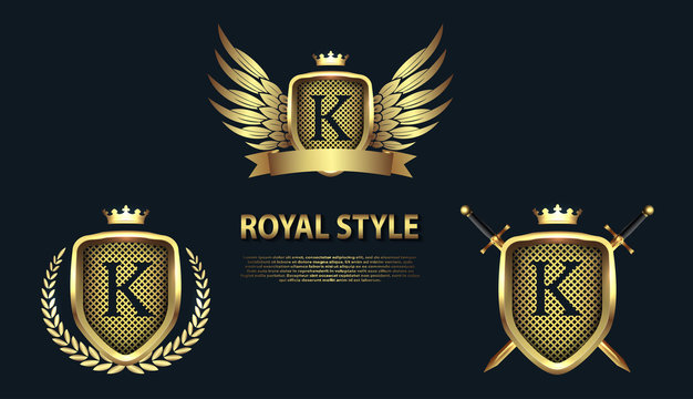 Set of modern heraldic shields with crowns and initial letter K isolated on black background. 3D letter monogram different shapes in golden style. Design elements for logo, label, emblem, sign, icon.