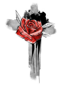 Dgital Illustration of a rose and cross - Mourning concept