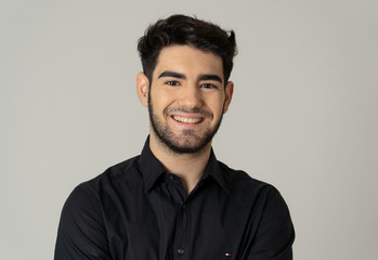 Human expressions and emotions. Joyful young attractive man smiling with happy face