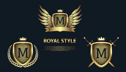 Set of modern heraldic shields with crowns and initial letter M isolated on black background. 3D letter monogram different shapes in golden style. Design elements for logo, label, emblem, sign, icon.