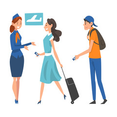 Passengers in Queue Waiting Check at Airport, Airline Representative Checking Ticket Documents Vector Illustration