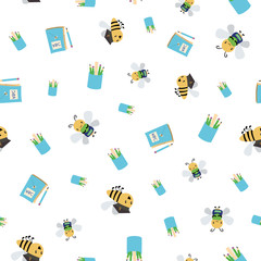 Cute busy bees with books, bags and pencils going back to school design. Seamless vector pattern on white background. Great for children, preschool, kindergarten, education, school , stationery