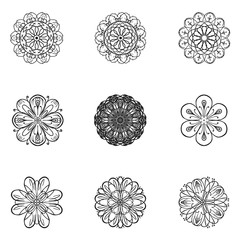 Flower vector set in sketch style. Isolated black icons on white background.