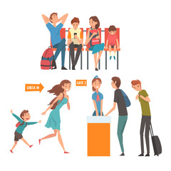 Travelling People in Airport Set, Passengers Waiting for Flight at Terminal and Standing at Registration Desk Vector Illustration