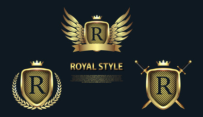 Set of modern heraldic shields with crowns and initial letter R isolated on black background. 3D letter monogram different shapes in golden style. Design elements for logo, label, emblem, sign, icon.
