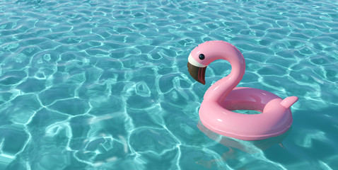 Pink inflatable flamingo pool flat in a swimming pool. 3D Render © ink drop