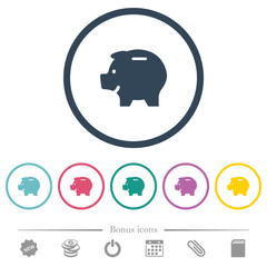 Left facing piggy bank flat color icons in round outlines