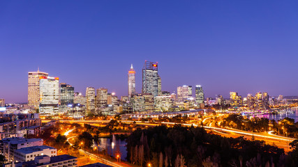 Long Exposure of Perth city skyline. Taken in golden hour with a 30 second exposure from kings park.  Vibrant colours from a lively city