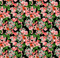Fototapeta premium Lovely Love Small Red Violet Rose Flowers with Green Leafs on Floral Black Seamless Repeating Background Artistic Wallpaper Pattern for Valentine's Day Christmas Day Invitation Card