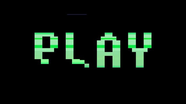 Retro videogame. PLAY text words on old tv glitch interference screen. Colour bars with glitch interference and distortion. Vintage pixel art style video game cartoon animation.