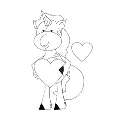 Coloring book for kids - unicorn with hearts. Black and white cute cartoon unicorns. Vector illustration.