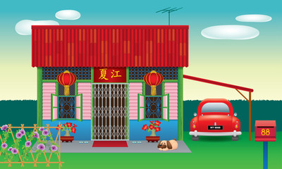 Traditional Chinese style house, often seen in Malaysia's new village. Various types and colour. Caption: the places where the owner's origin.