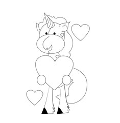 Coloring book for kids - unicorn with hearts. Black and white cute cartoon unicorns. Vector illustration.