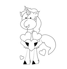 Coloring book for kids - unicorn with hearts. Black and white cute cartoon unicorns. Vector illustration.