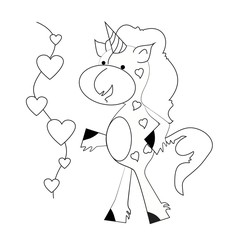 Coloring book for kids - unicorn with hearts. Black and white cute cartoon unicorns. Vector illustration.