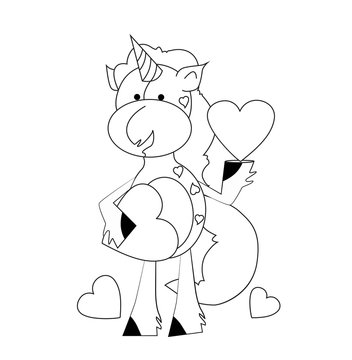 Coloring book for kids - unicorn with hearts. Black and white cute cartoon unicorns. Vector illustration.