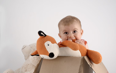 small baby girl in a box with teddies