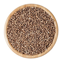 Dried coriander seeds in wooden bowl isolated on white background with clipping path