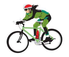 Young racing bicyclist man with bike isolated on white background in flat style